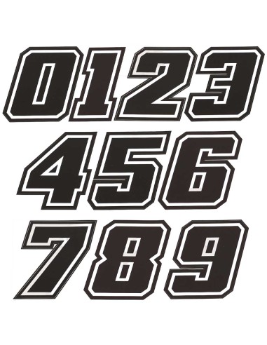 AUTOCOLLANT NUMERO MOTO NOIR CONTOUR BLANC DE 0 A 9 - HAUTEUR 10 CM